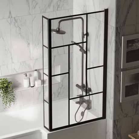 [BBSCBS7BB] Black Reversible Square L Shape 6mm Toughened Safety Glass Bath Screen, 1430 x 808 x 150mm - Lifestyle 3