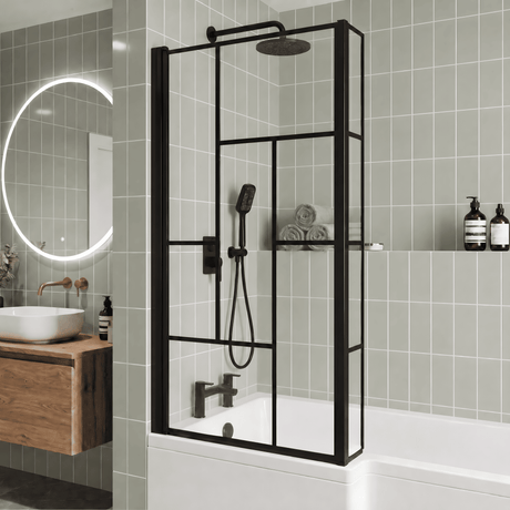 [BBSCBS7BB] Black Reversible Square L Shape 6mm Toughened Safety Glass Bath Screen, 1430 x 808 x 150mm - Silo