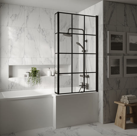 [BBSCBS7BF] Black Frame 6mm Glass L Shaped Shower Bath Screen 1430 x 795 x 150mm - Lifestyle 1