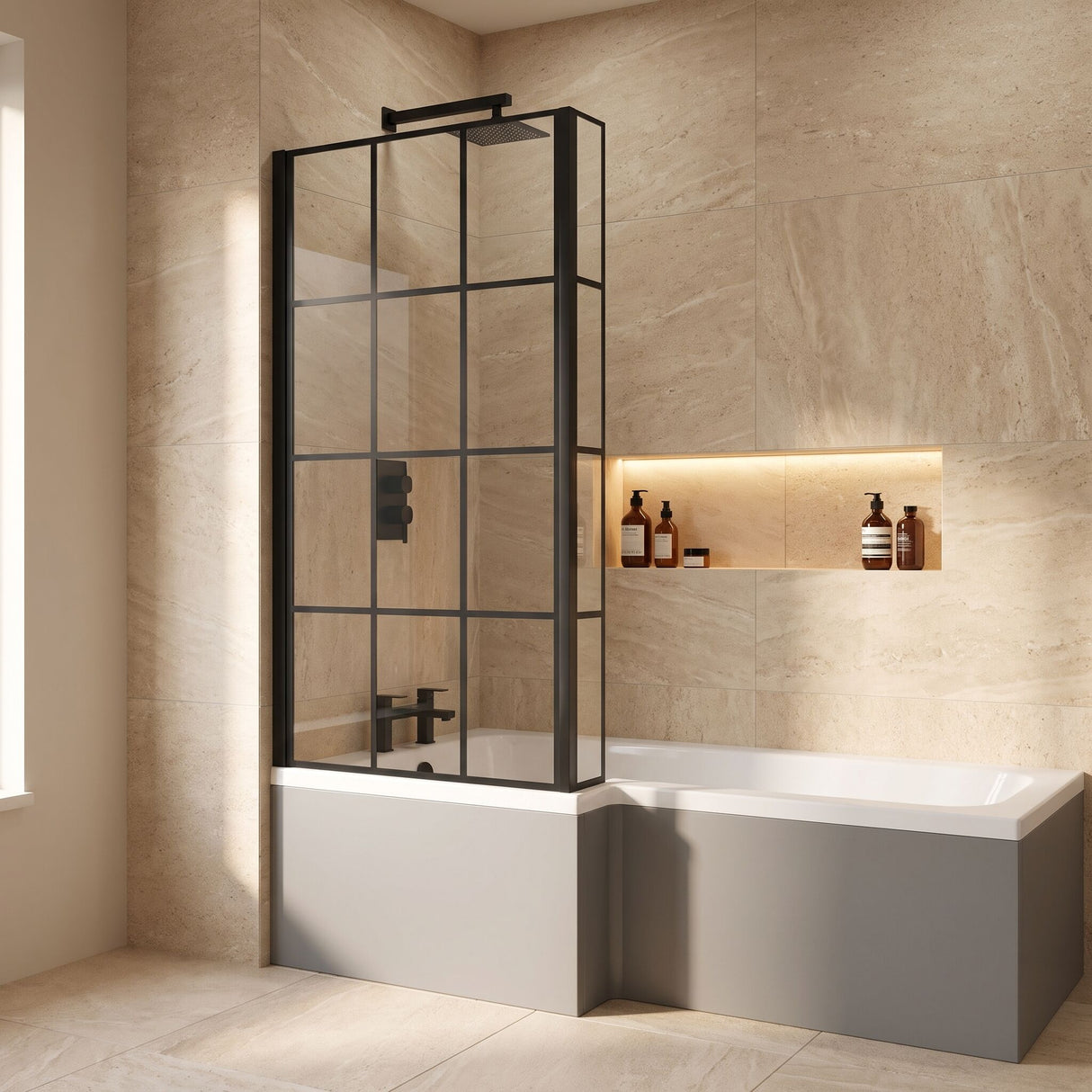 [BBSCBS7BF] Black Frame 6mm Glass L Shaped Shower Bath Screen 1430 x 795 x 150mm - Lifestyle 2
