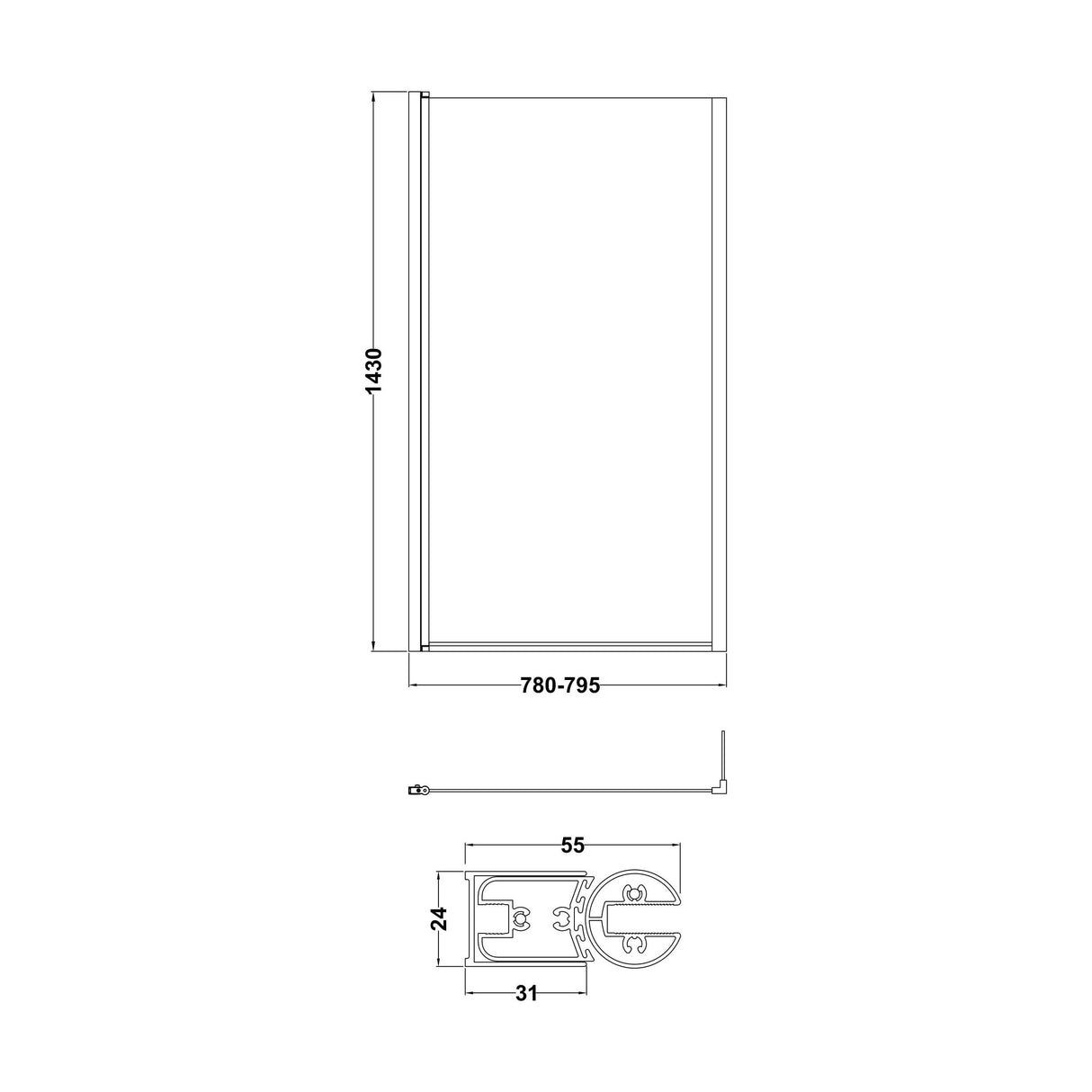 [BBSCBS7] Chrome 6mm Toughened Safety Glass Reversible L-Shaped Bath Hinged Screen - Technical Drawing