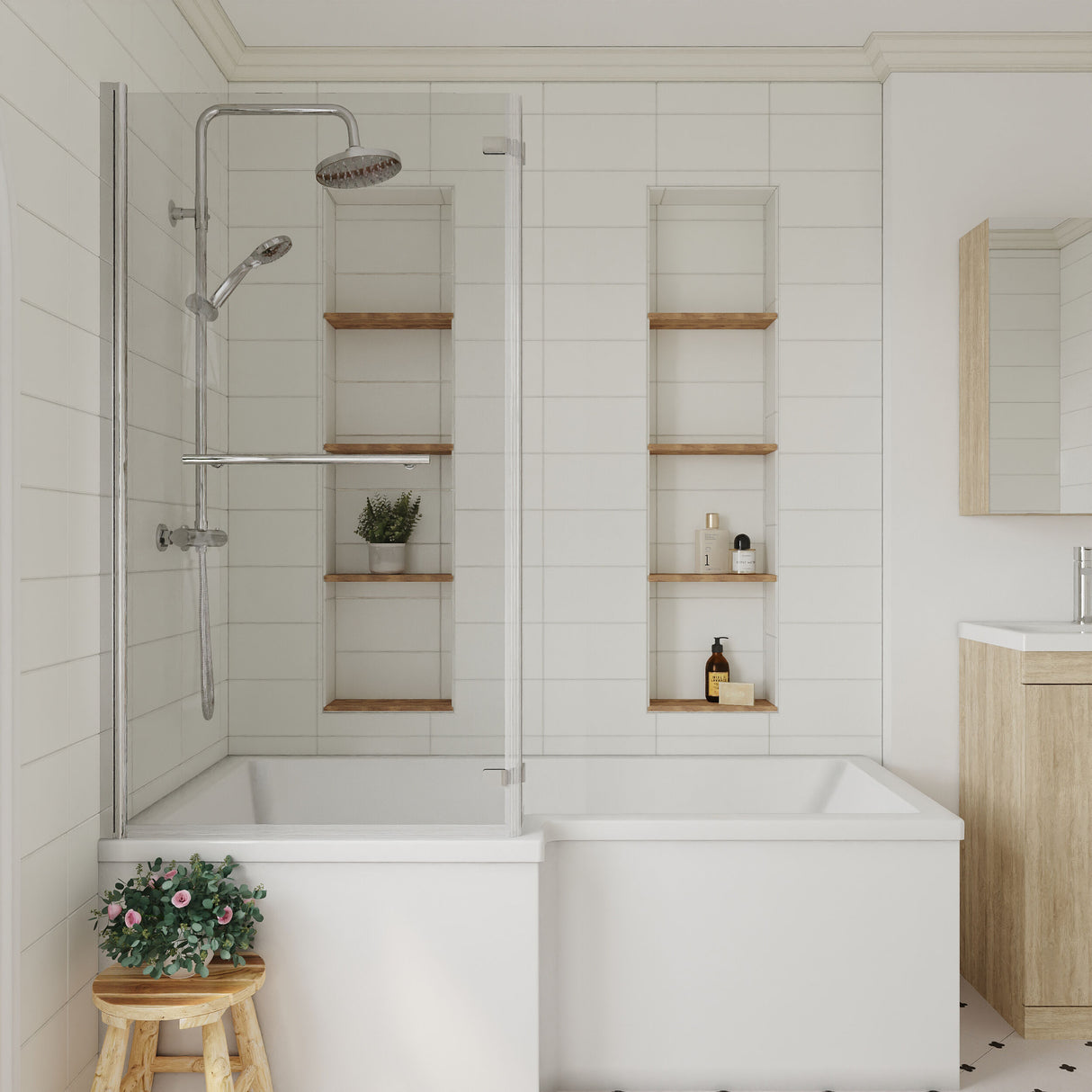 [BBSCBSR1] 6mm Toughened Safety Glass Reversible L-Shaped Bath Fixed Screen Hinged Return with Rail - Chrome - Lifestyle 1