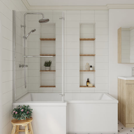 [BBSCBSR1] 6mm Toughened Safety Glass Reversible L-Shaped Bath Fixed Screen Hinged Return with Rail - Chrome - Lifestyle 1