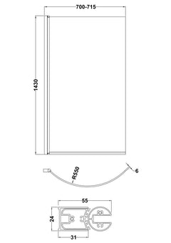 [BBSCCS0BP] Contemporary Curved 6mm Toughened Safety Glass Reversible P-Bath Bath Shower Screen - Line Drawing