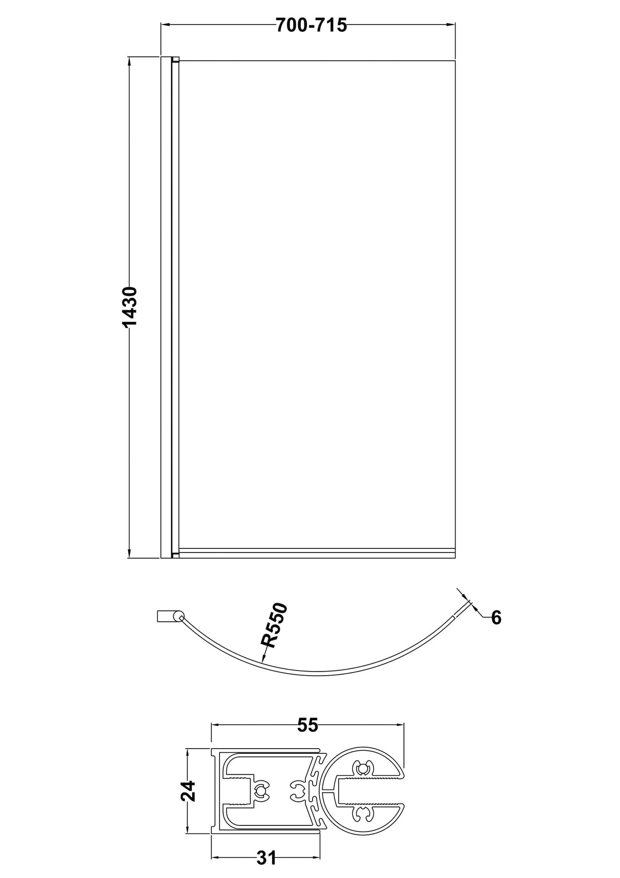 [BBSCCS0] Contemporary Curved 6mm Toughened Safety Glass Reversible P-Bath Bath Shower Screen - Line Drawing