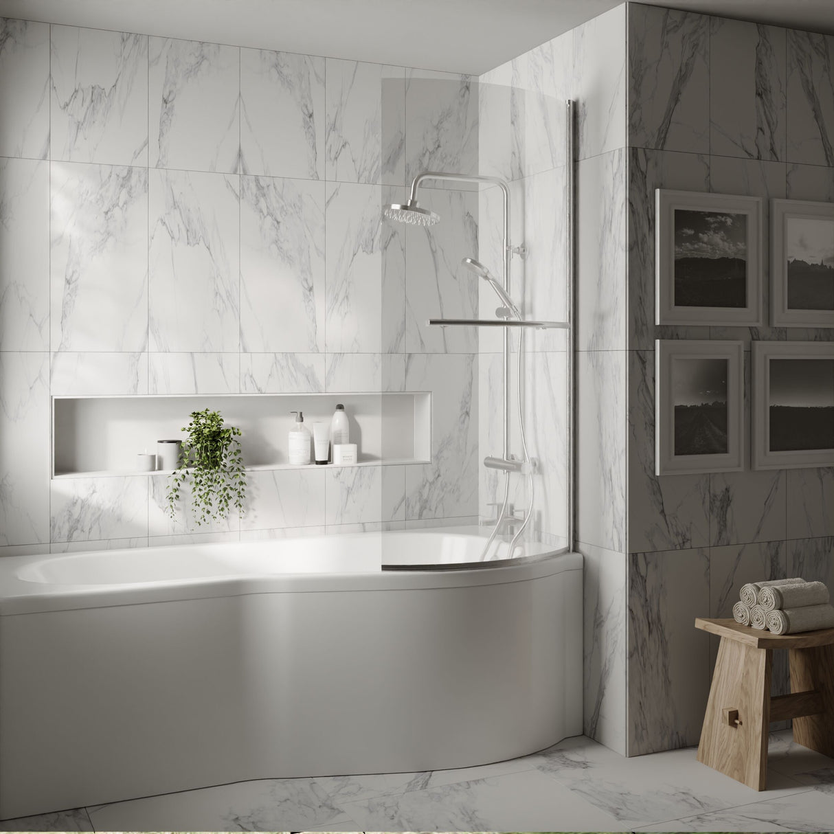 [BBSCCSR1] Balterley Contemporary 6mm Toughened Safety Glass Reversible P-Bath Screen with Towel Rail, 1430 x 715 x 185mm - Chrome - Lifestyle 1