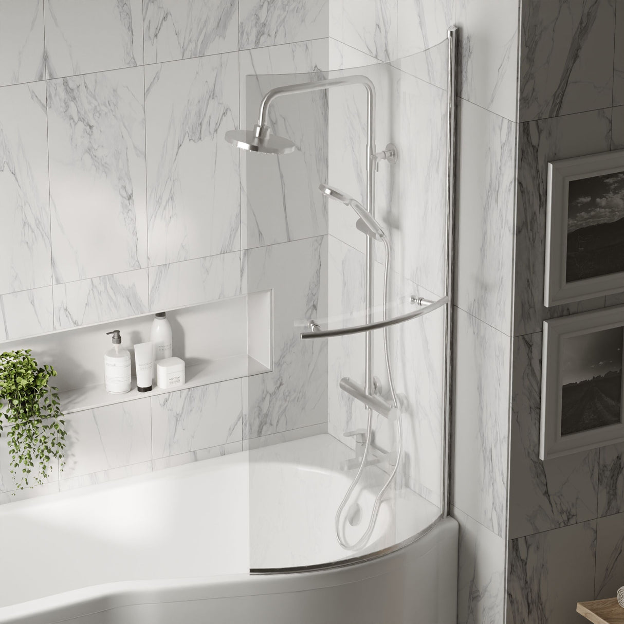 [BBSCCSR1] Balterley Contemporary 6mm Toughened Safety Glass Reversible P-Bath Screen with Towel Rail, 1430 x 715 x 185mm - Chrome - Lifestyle 3