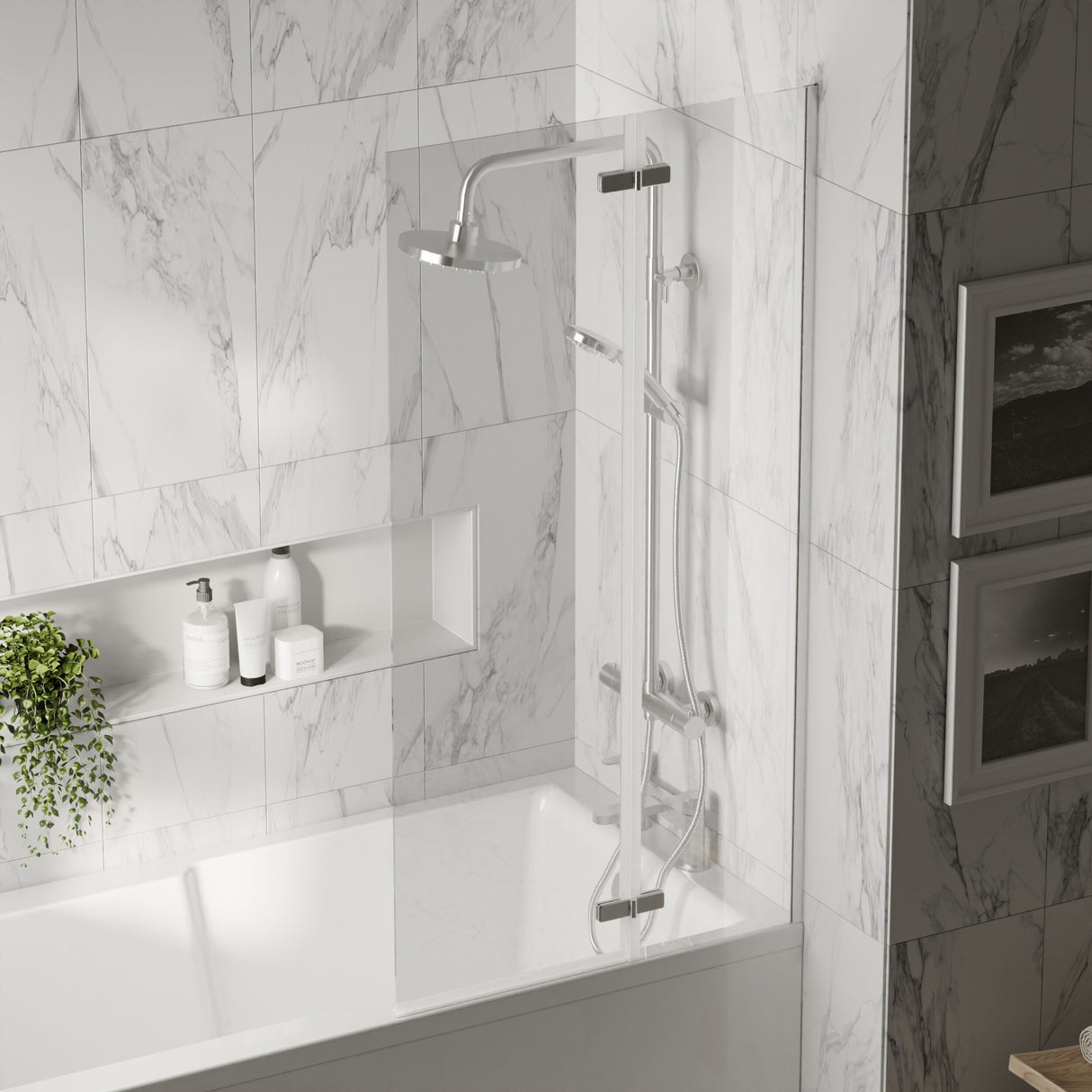 [BBSCRSS1] Chrome 5mm Toughened Safety Glass Centre Hinged Shower Bath Screen - Lifestyle 3
