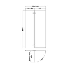 [BBSCSBS0] 5mm Toughened Safety Glass Centre Hinged L Shaped Shower Bath Screen - Chrome - Technical Drawing