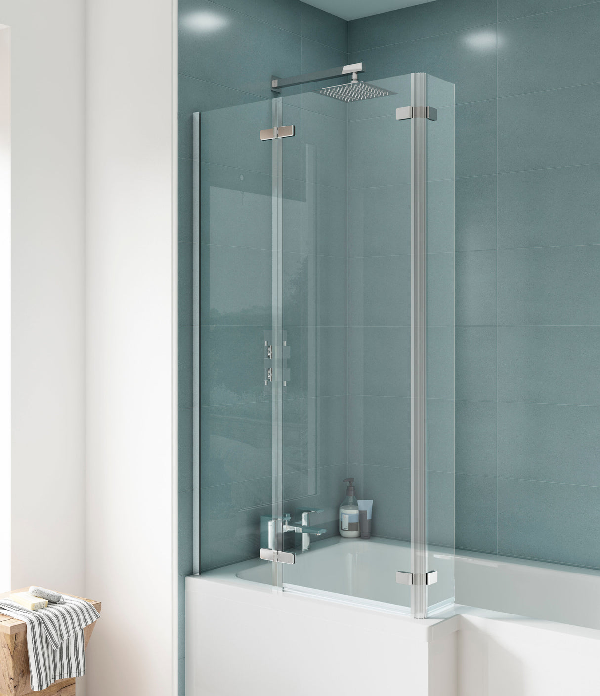 [BBSCSBS0] 5mm Toughened Safety Glass Centre Hinged L Shaped Shower Bath Screen - Chrome - Lifestyle 1