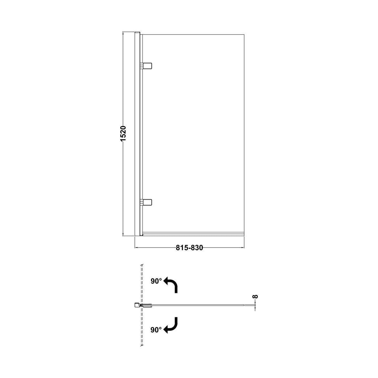 [BBSCSQ78] Contemporary 8mm Toughened Safety Glass Reversible Hinged Straight Shower Bath Screen - Choice of Colour - Technical Drawing