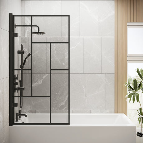 Modern Square Abstract Bath Shower Screen – Black, 830 x 1520 x 38 mm