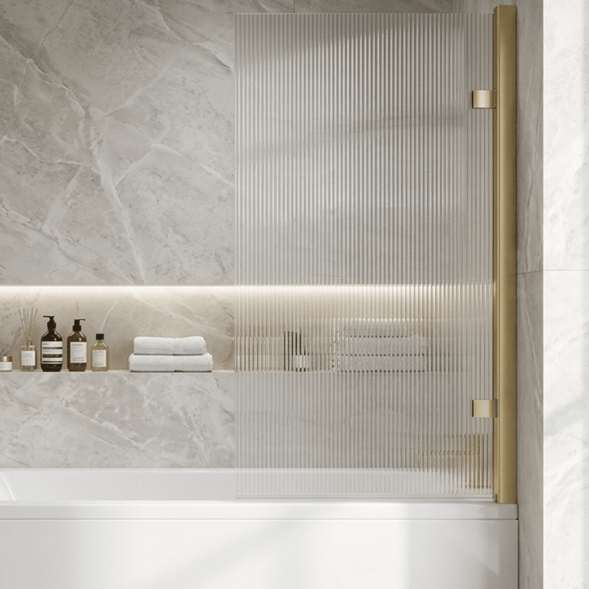 [BBSCSQ7FLBB] Contemporary 8mm Toughened Safety Glass Square Hinged Fluted Bath Screen, 1520 x 830 x 24mm - Choice of Colour - Silo