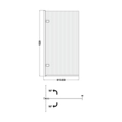 [BBSCSQ7FLBP] Contemporary 8mm Toughened Safety Glass Square Hinged Fluted Bath Screen, 1520 x 830 x 24mm - Choice of Colour - Technical Drawing