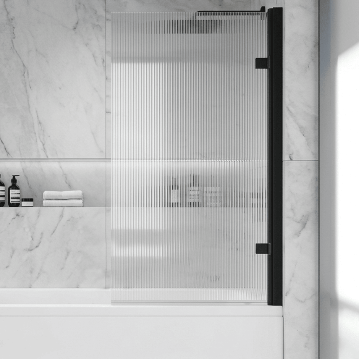 [BBSCSQ7FLBP] Contemporary 8mm Toughened Safety Glass Square Hinged Fluted Bath Screen, 1520 x 830 x 24mm - Choice of Colour - Silo