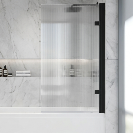 Contemporary 8mm Toughened Safety Glass Square Hinged Fluted Bath Screen, 1520 x 830 x 24mm - Choice of Colour