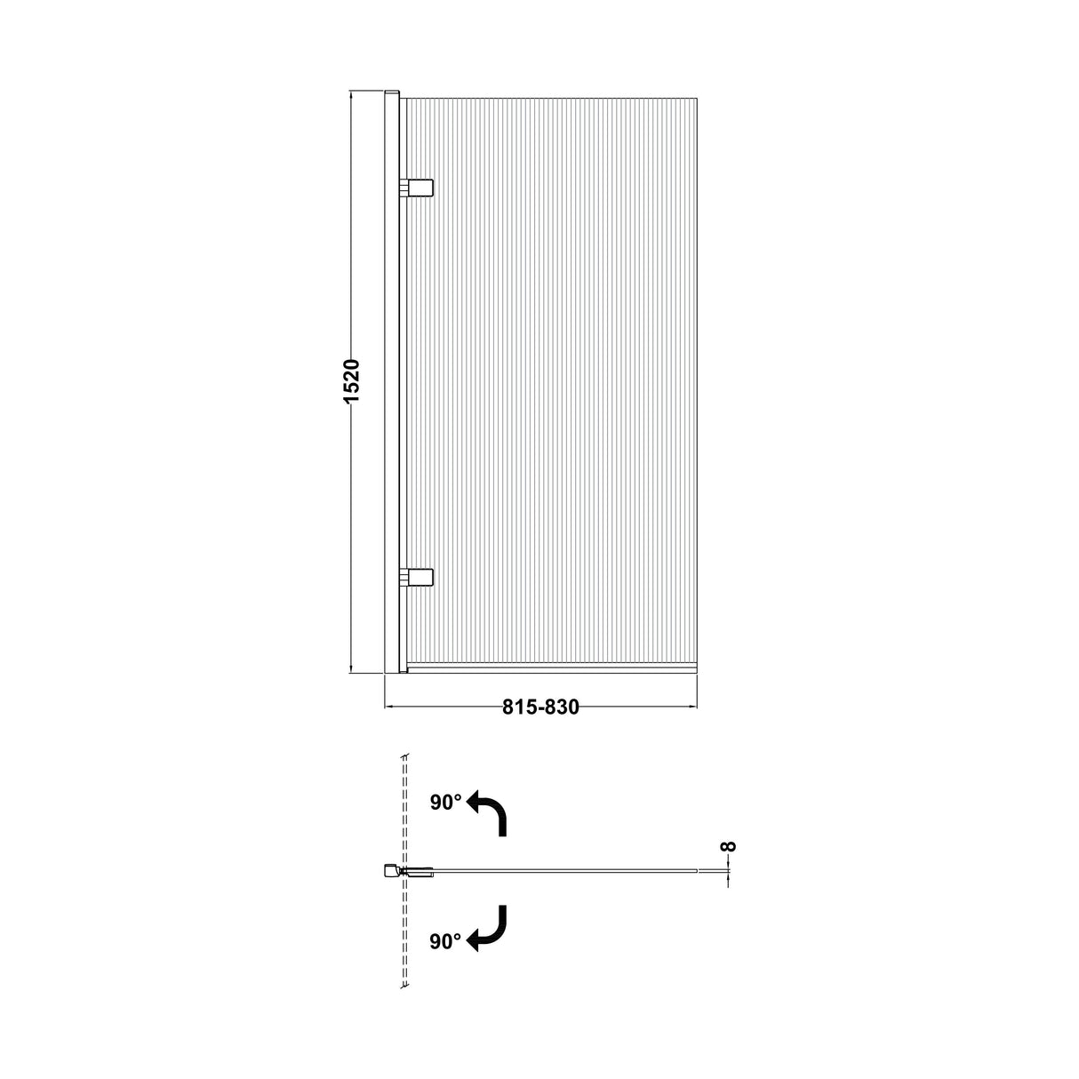 [BBSCSQ7FL] Contemporary 8mm Toughened Safety Glass Square Hinged Fluted Bath Screen, 1520 x 830 x 24mm - Choice of Colour - Technical Drawing