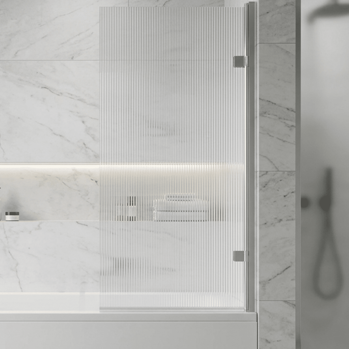 [BBSCSQ7FL] Contemporary 8mm Toughened Safety Glass Square Hinged Fluted Bath Screen, 1520 x 830 x 24mm - Choice of Colour - Silo