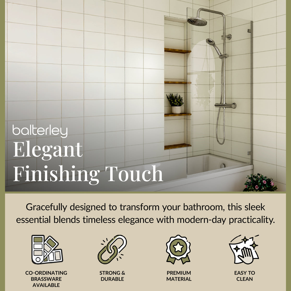 8mm Toughened Safety Glass Reversible Hinged Straight Shower Bath Screen - Choice of Colour