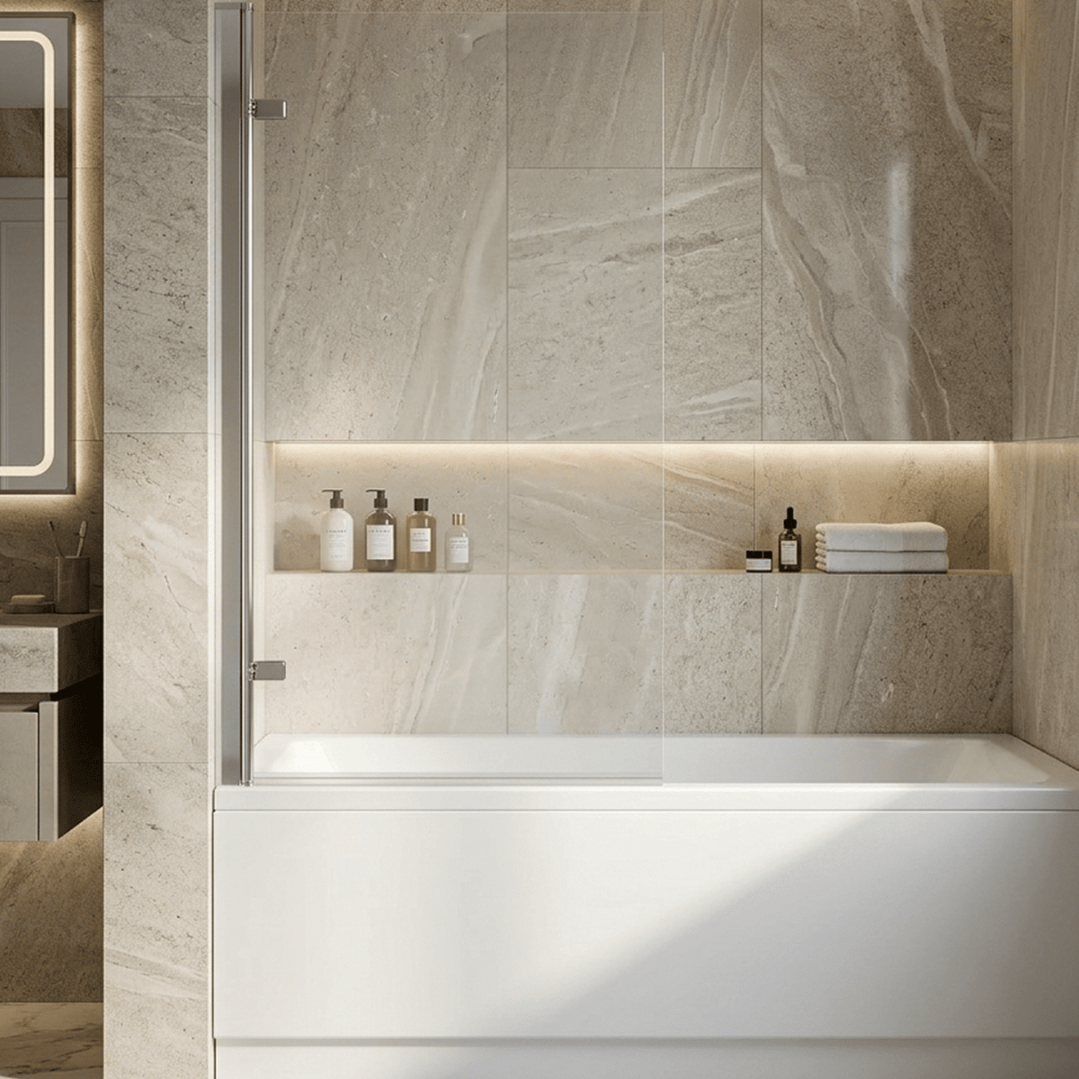 [BBSCSQ7] Contemporary 8mm Toughened Safety Glass Reversible Hinged Straight Shower Bath Screen - Choice of Colour - Silo