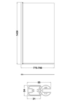 [BBSCSQ8] Contemporary Square 6mm Hinged Bath Screen, 1430 x 790mm, Choice of Finish - Technical Drawing