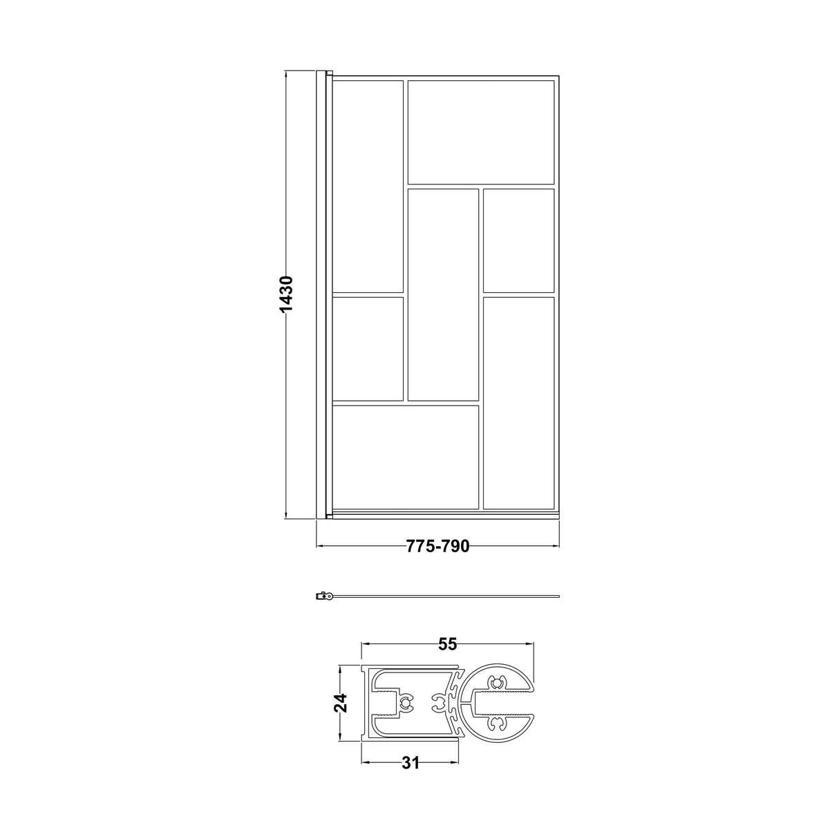 [BBSCSQBB] Balterley Abstract Modern Square 6mm Toughened Safety Glass Reversible Shower Bath Screen - Black - Technical Drawing