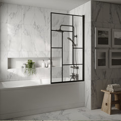 [BBSCSQBB] Balterley Abstract Modern Square 6mm Toughened Safety Glass Reversible Shower Bath Screen - Black - Lifestyle 1