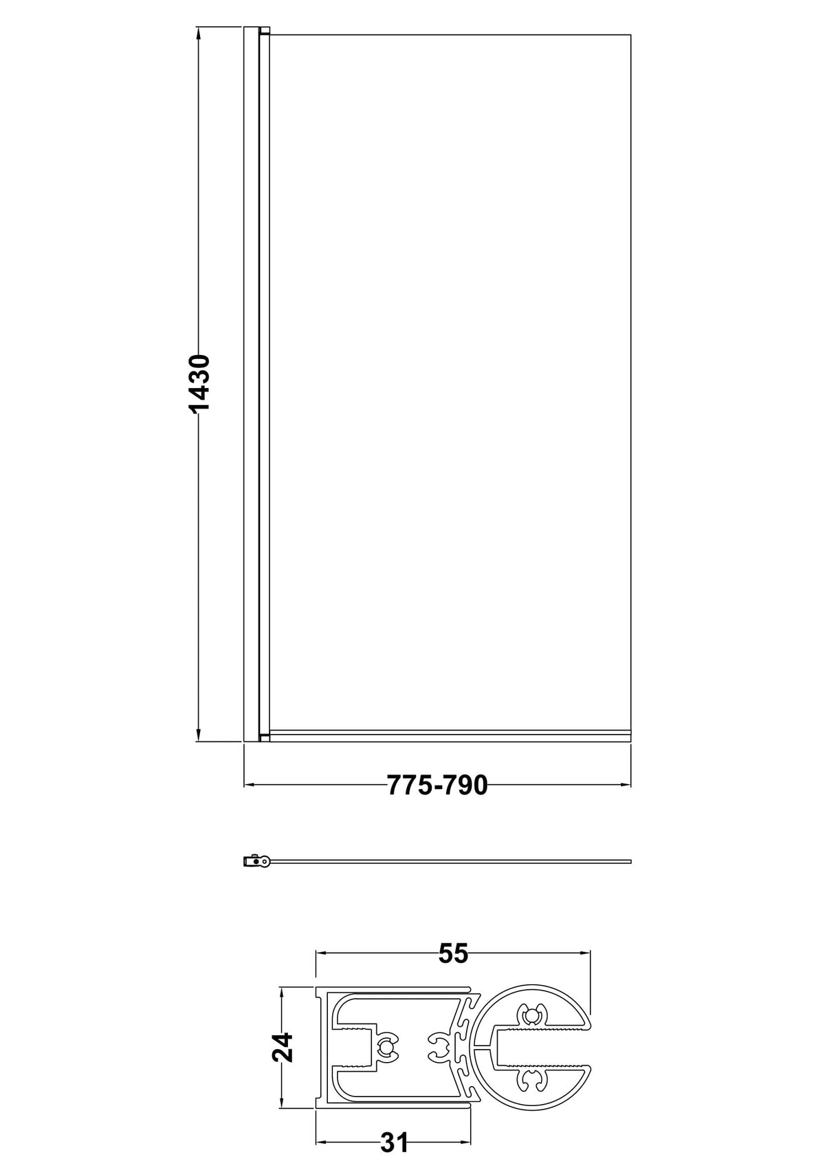 [BBSCSQ] Contemporary Square 6mm Hinged Bath Screen, 1430 x 790mm, Choice of Finish - Technical Drawing