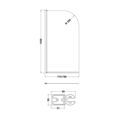 [BBSCSS7BP] Contemporary 6mm Toughened Safety Glass Round Bath Screen - 1430 x 790mm - Technical Drawing