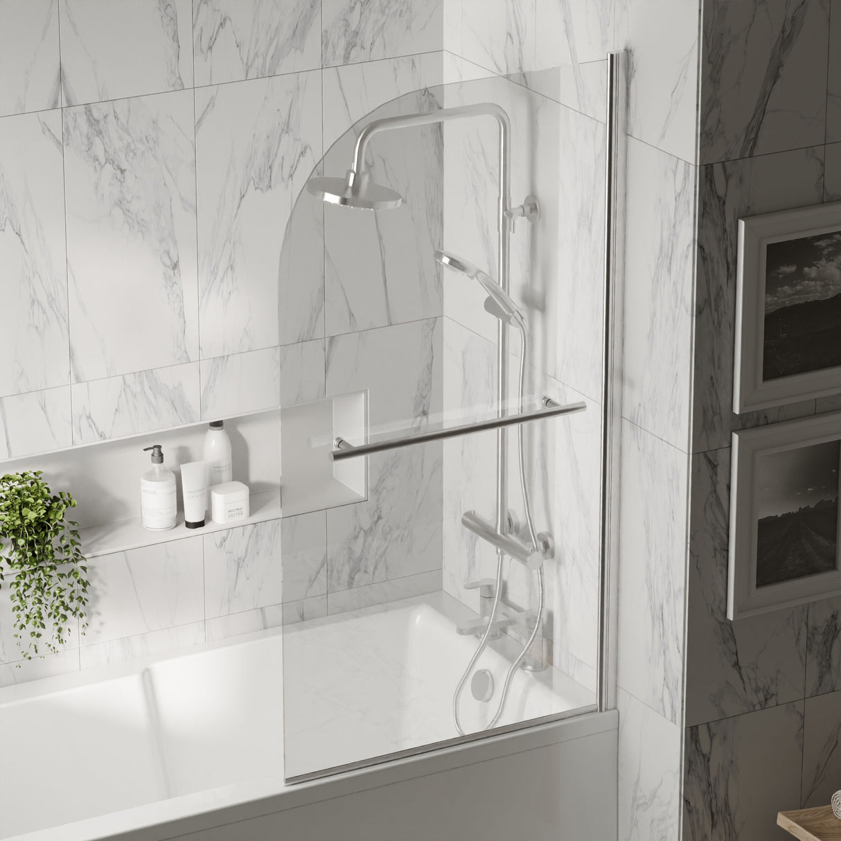 [BBSCSSR1] Balterley Modern 6mm Toughened Safety Glass Reversible Shower Bath Screen with Towel Rail, 1430 x 790mm - Chrome - Lifestyle 3