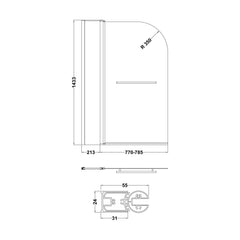 [BBSCSSR2] Balterley Modern 6mm Glass Reversible Shower Bath Screen Fixed Panel, 1433 x 998mm - Chrome - Technical Drawing