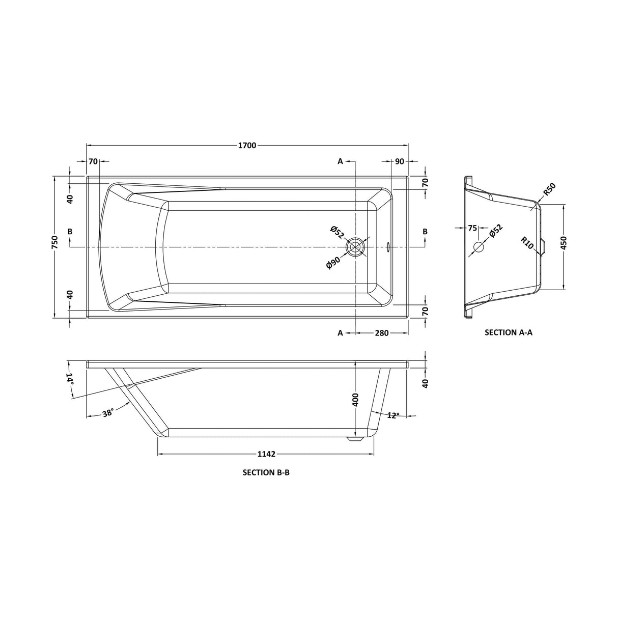 [BBSE009] Square Single Ended Eternalite Bath with Leg Set, Choice of Size - Technical Drawing