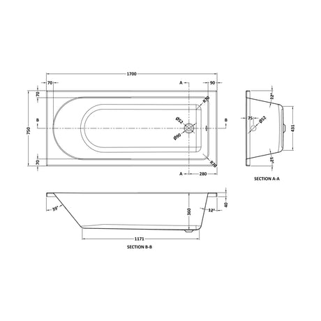 [BBSE014] Round SE Bath with Leg Set 1700x750 EL - Technical Drawing