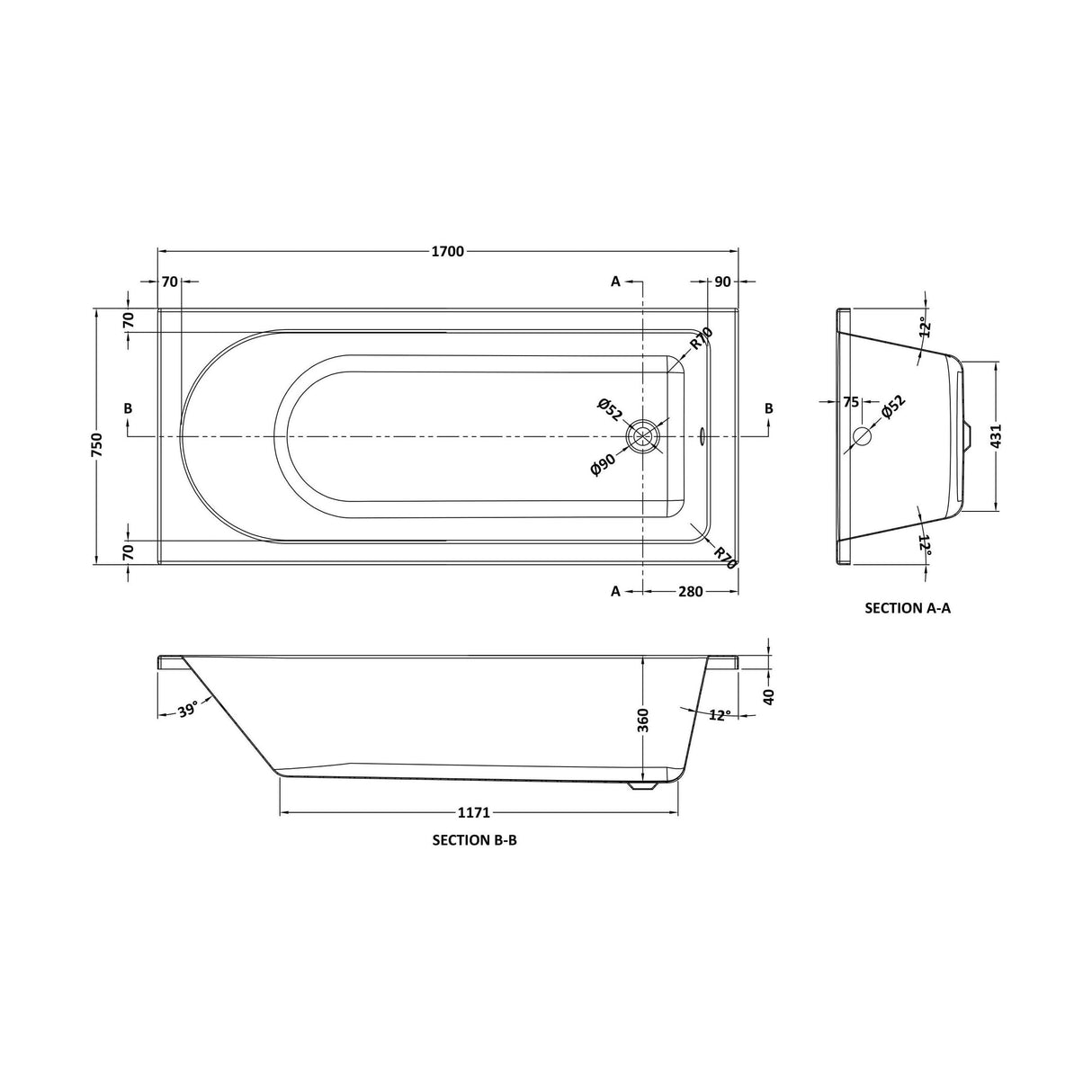 [BBSE014] Round Single Ended Eternalite Bath with Leg Set, Choice of Size - Technical Drawing