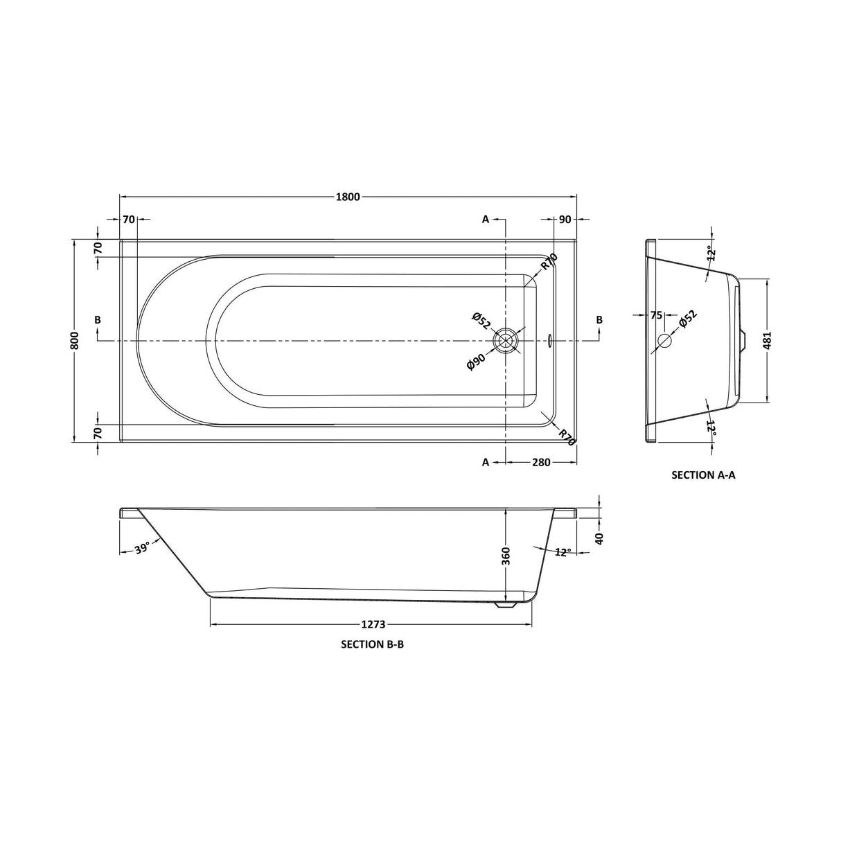 [BBSE015] Round Single Ended Eternalite Bath with Leg Set, Choice of Size - Technical Drawing