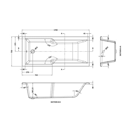 [BBSE017] Square Straight Shower Bath 1700x750 EL - Technical Drawing