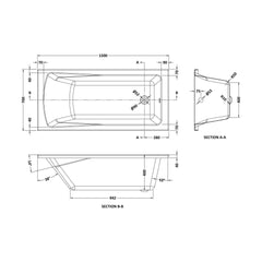 [BBSE405] Contemporary Square Single Ended Bath Tub & Leg Set - Multiple Sizes - Technical Drawing