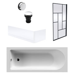 [BBSE60912] Round Single Ended 1700x700 Bath Set - Front & End Panels & Black Abstract Framed Screen & Chrome Waste - Cutout