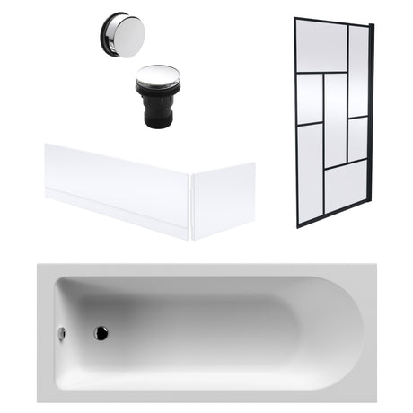 [BBSE60912] Round Single Ended 1700x700 Bath Set - Front & End Panels & Black Abstract Framed Screen & Chrome Waste - Cutout