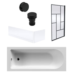 [BBSE60913] Round Single Ended 1700x700 Bath Set - Front & End Panels & Black Abstract Framed Screen & Black Waste - Cutout