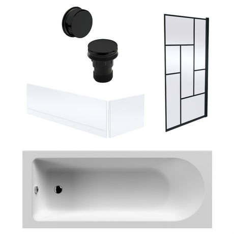 [BBSE60913] Round Single Ended 1700x700 Bath Set - Front & End Panels & Black Abstract Framed Screen & Black Waste - Cutout