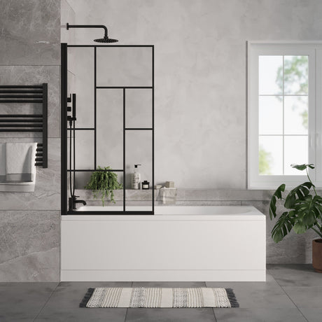 [BBSE60913] Round Single Ended 1700x700 Bath Set - Front & End Panels & Black Abstract Framed Screen & Black Waste - Lifestyle 1