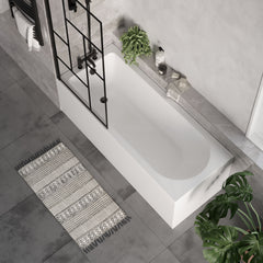 [BBSE60913] Round Single Ended 1700x700 Bath Set - Front & End Panels & Black Abstract Framed Screen & Black Waste - Lifestyle 2