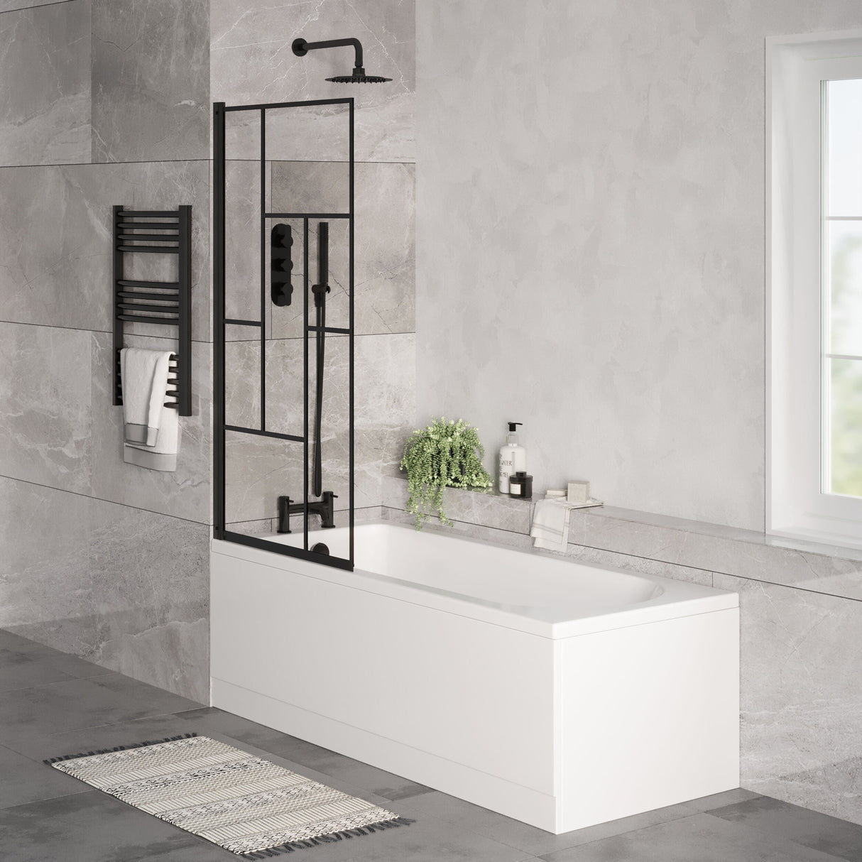 [BBSE60913] Round Single Ended 1700x700 Bath Set - Front & End Panels & Black Abstract Framed Screen & Black Waste - Lifestyle 3