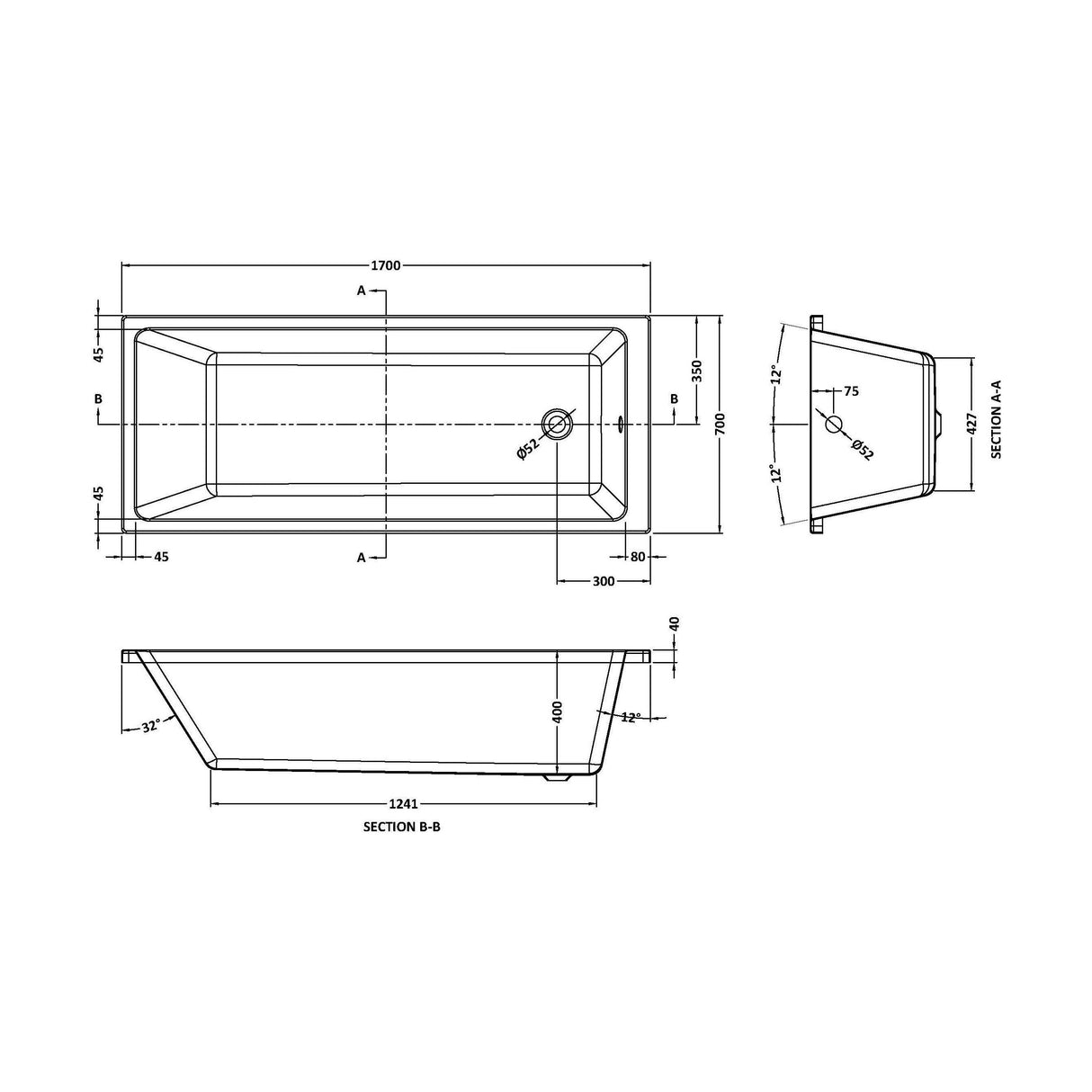 [BBSE809] Balterley Modern Square Thin Edge Single Ended Straight Shower Bath with Leg Set, 1700mm x 700mm - White - Technical Drawing