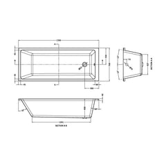 [BBSE809] Balterley Modern Square Thin Edge Single Ended Straight Shower Bath with Leg Set, 1700mm x 700mm - White - Technical Drawing