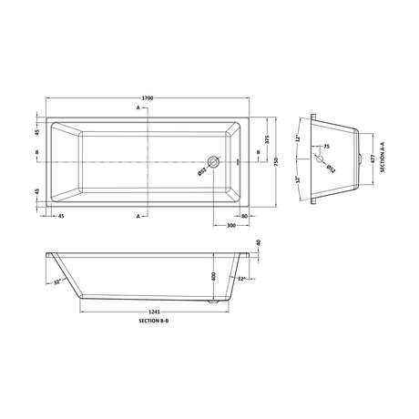 [BBSE810] Thin Edge SE Bath & Legs 1700x750 - Technical Drawing