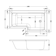 [BBSS104] 1500mm Square Shower Bath RH - Technical Drawing