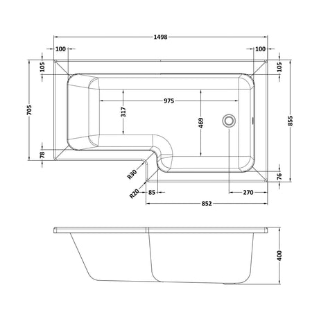 [BBSS104] 1500mm Square Shower Bath RH - Technical Drawing