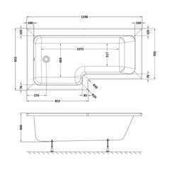 [BBSS1685L] Contemporary Square Shower Bath - Choose Size and Orientation - Technical Drawing
